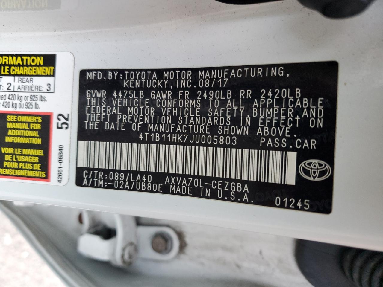 4T1B11HK7JU005803 2018 Toyota Camry L