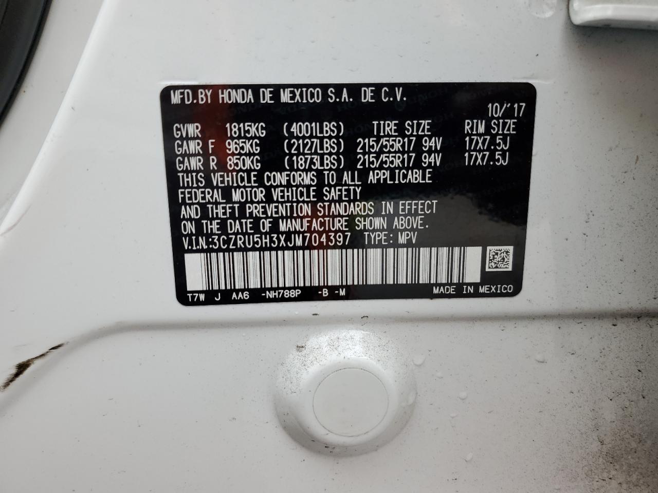 3CZRU5H3XJM704397 2018 Honda Hr-V Lx