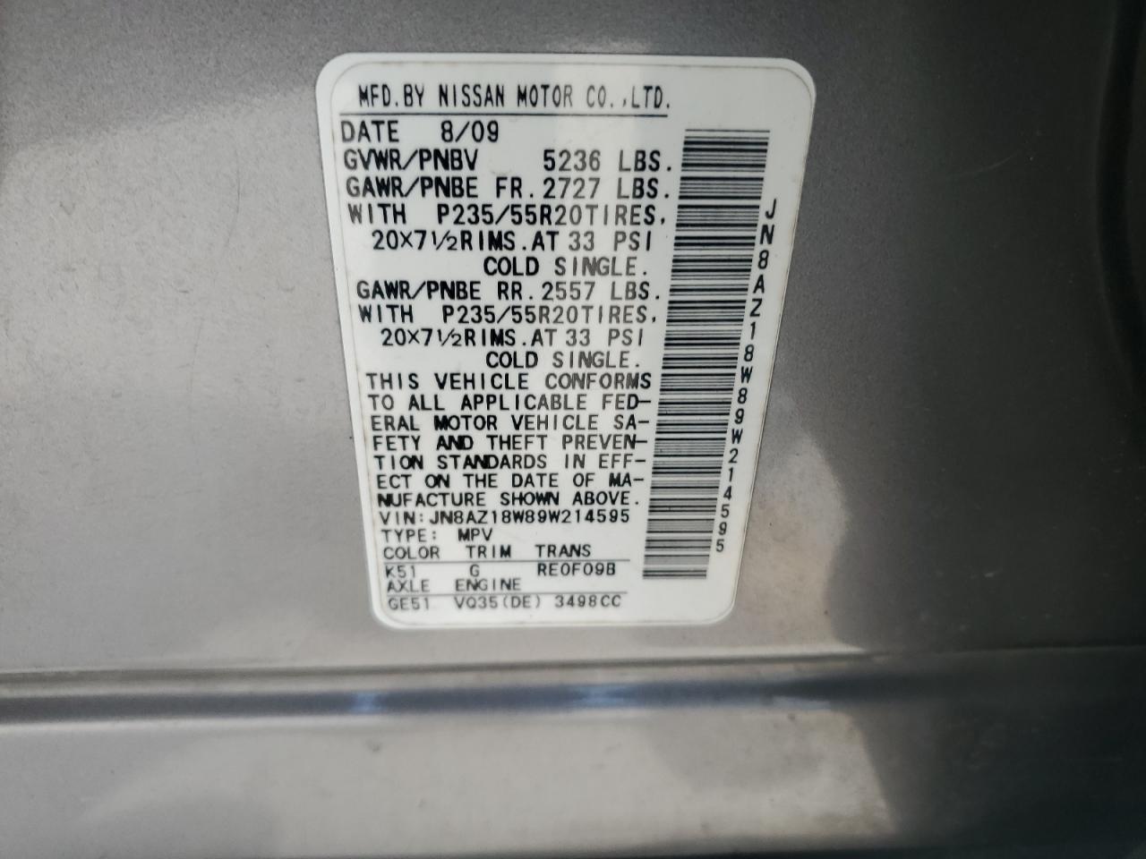 JN8AZ18W89W214595 2009 Nissan Murano S