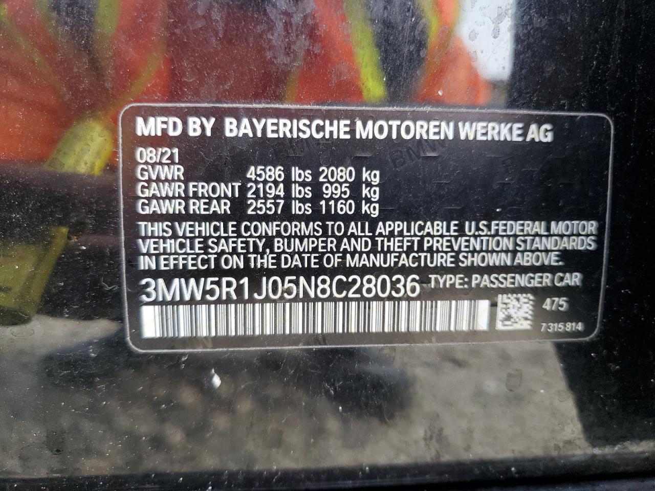 2022 BMW 330I VIN: 3MW5R1J05N8C28036 Lot: 70952064