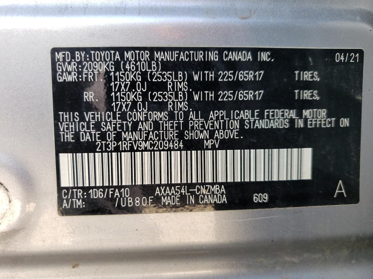 2T3P1RFV9MC209484 2021 Toyota Rav4 Xle