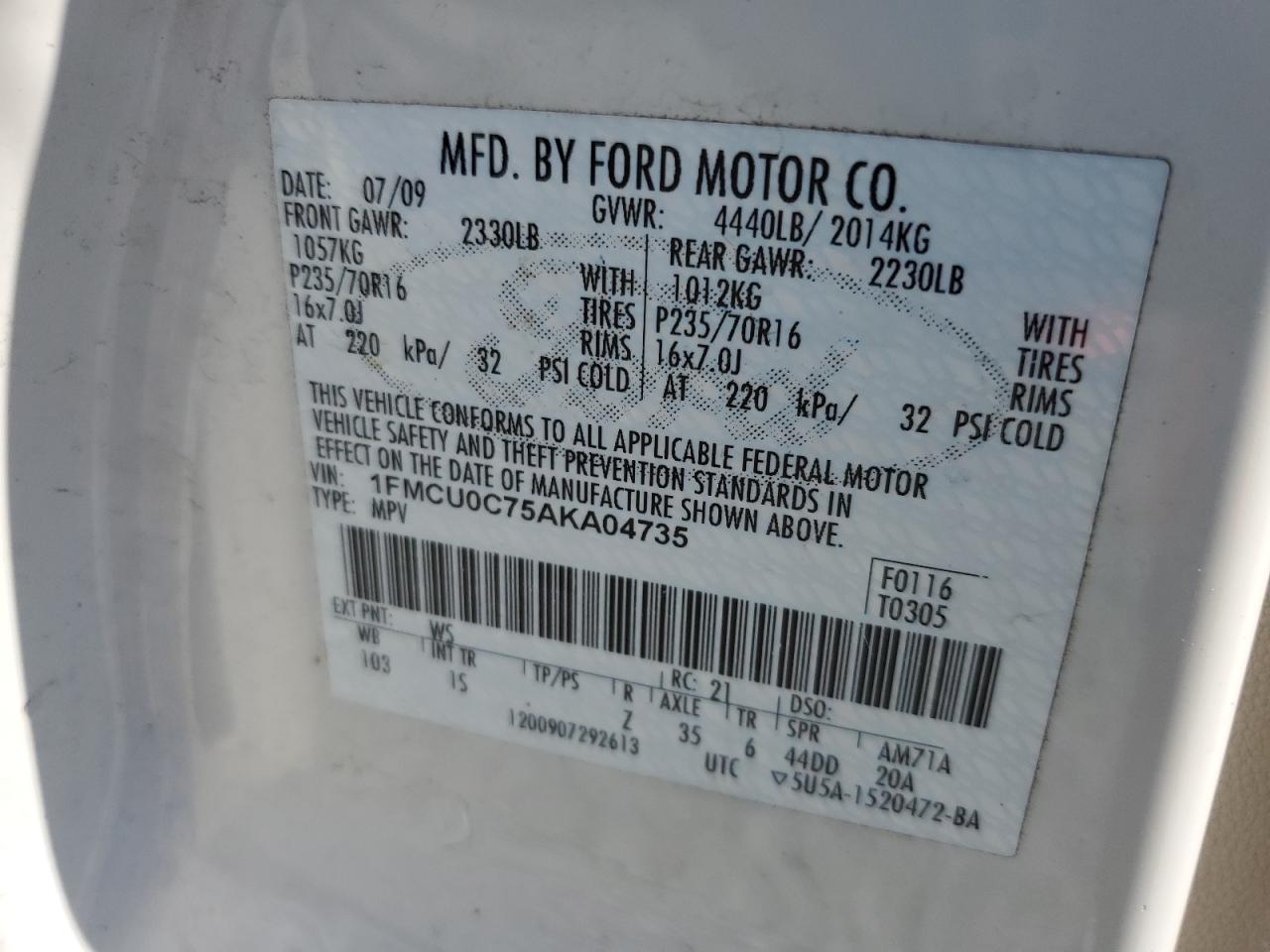 1FMCU0C75AKA04735 2010 Ford Escape Xls