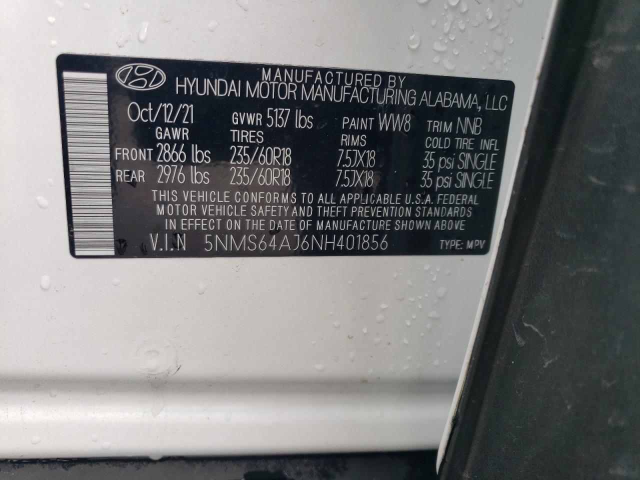 2022 Hyundai Santa Fe Sel VIN: 5NMS64AJ6NH401856 Lot: 69968424