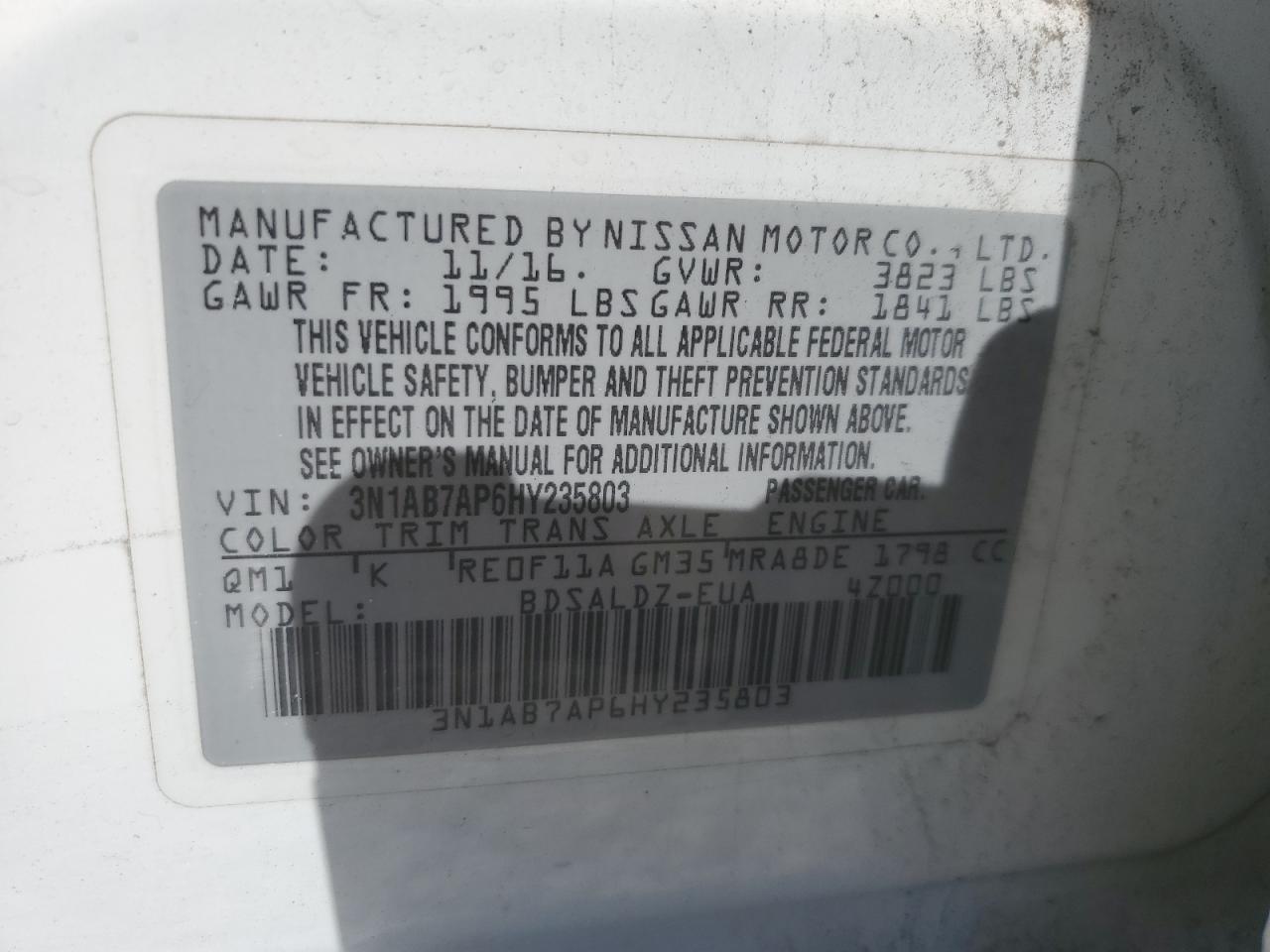 3N1AB7AP6HY235803 2017 Nissan Sentra S