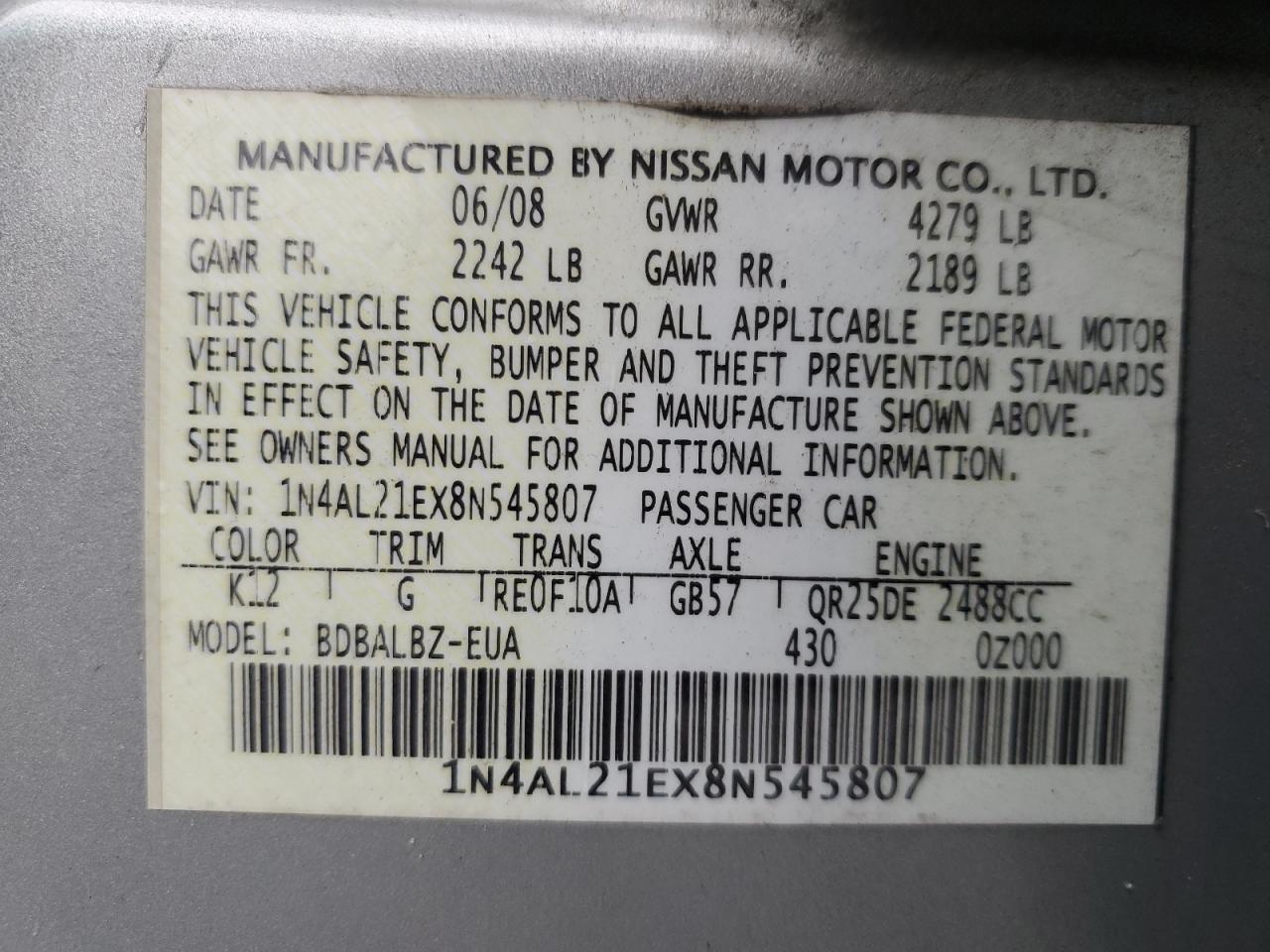 1N4AL21EX8N545807 2008 Nissan Altima 2.5