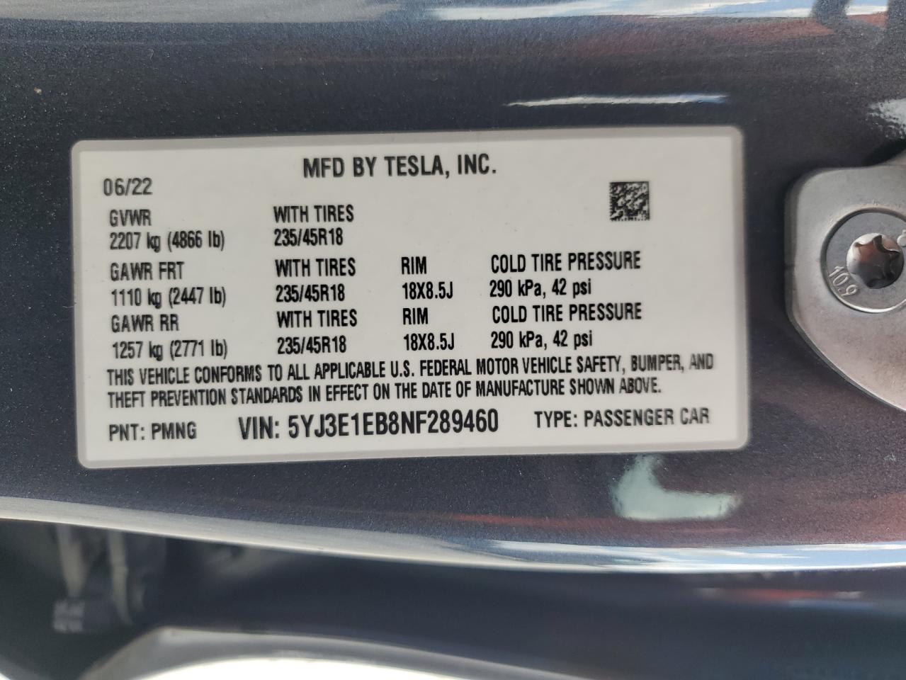 5YJ3E1EB8NF289460 2022 Tesla Model 3