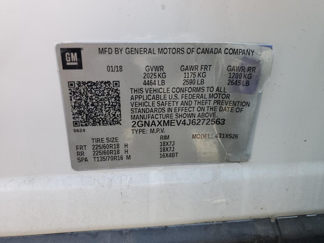 2GNAXMEV4J6272563 2018 Chevrolet Equinox Premier