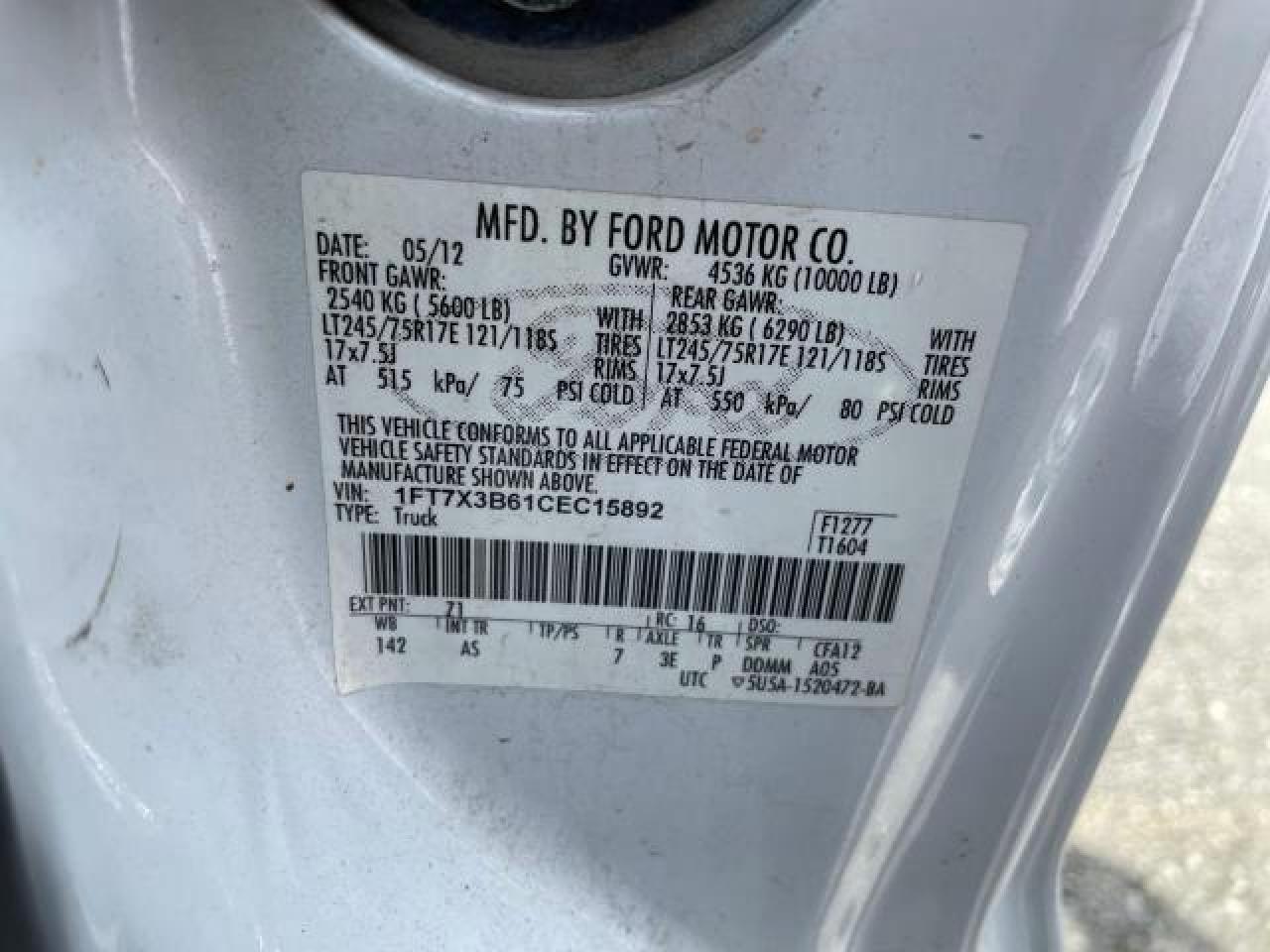 2012 Ford F350 Super Duty VIN: 1FT7X3B61CEC15892 Lot: 72206824