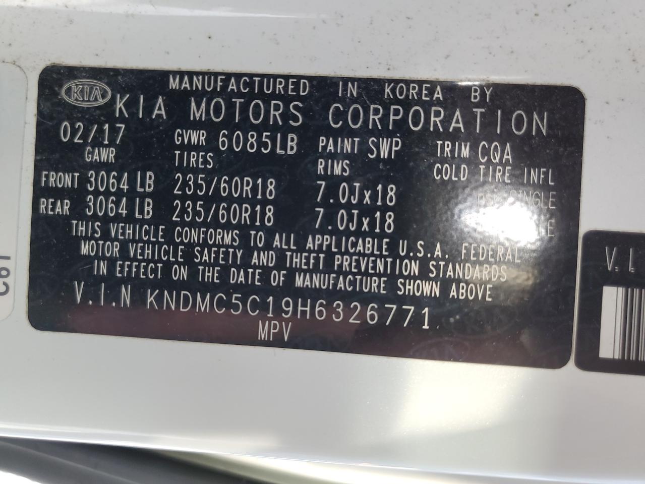 KNDMC5C19H6326771 2017 Kia Sedona Ex