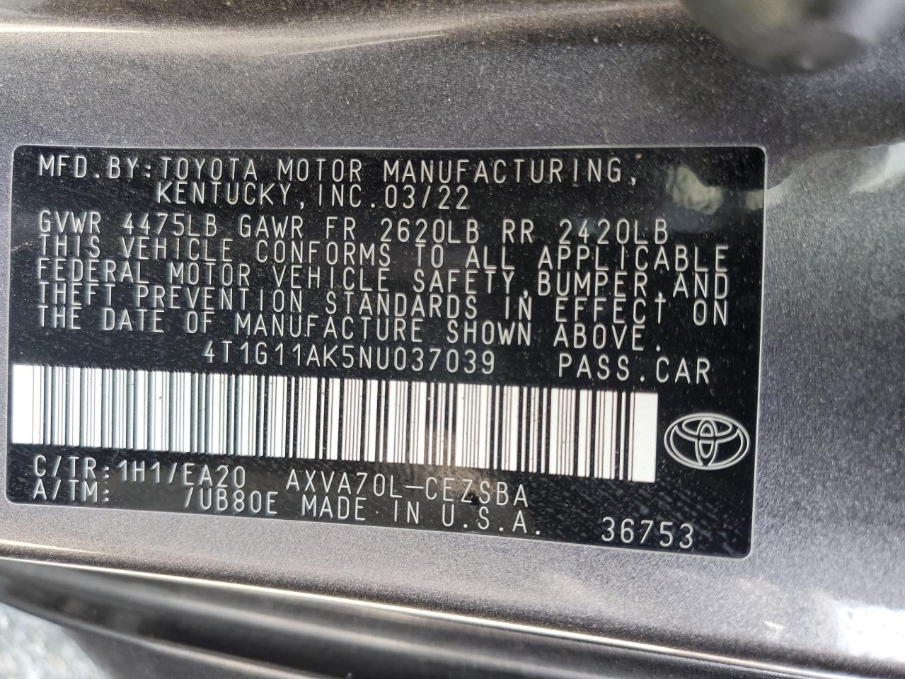 4T1G11AK5NU037039 2022 Toyota Camry Se