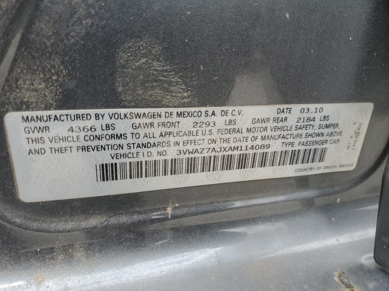 2010 Volkswagen Jetta Limited VIN: 3VWAZ7AJXAM114089 Lot: 67209235