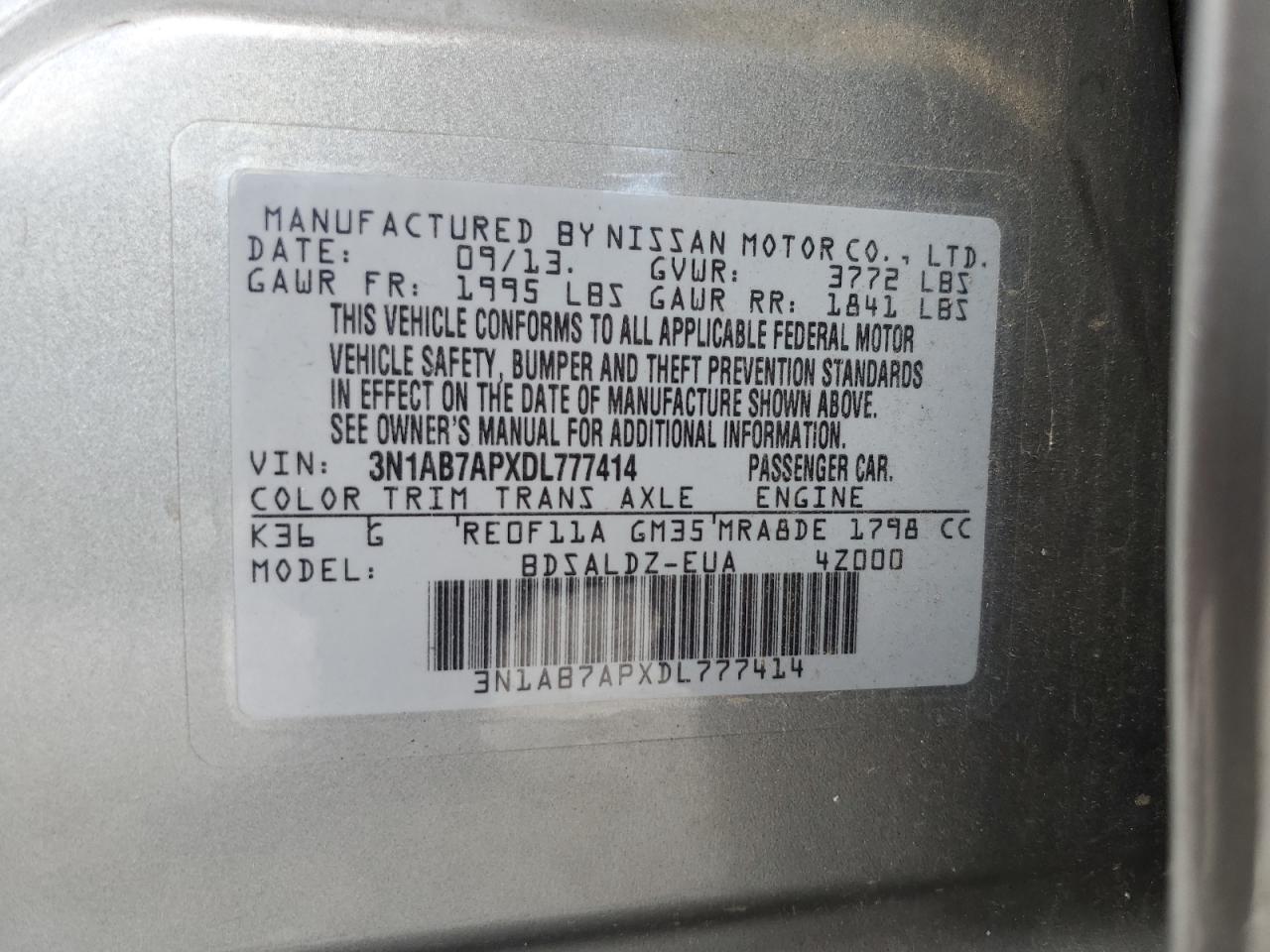 3N1AB7APXDL777414 2013 Nissan Sentra S