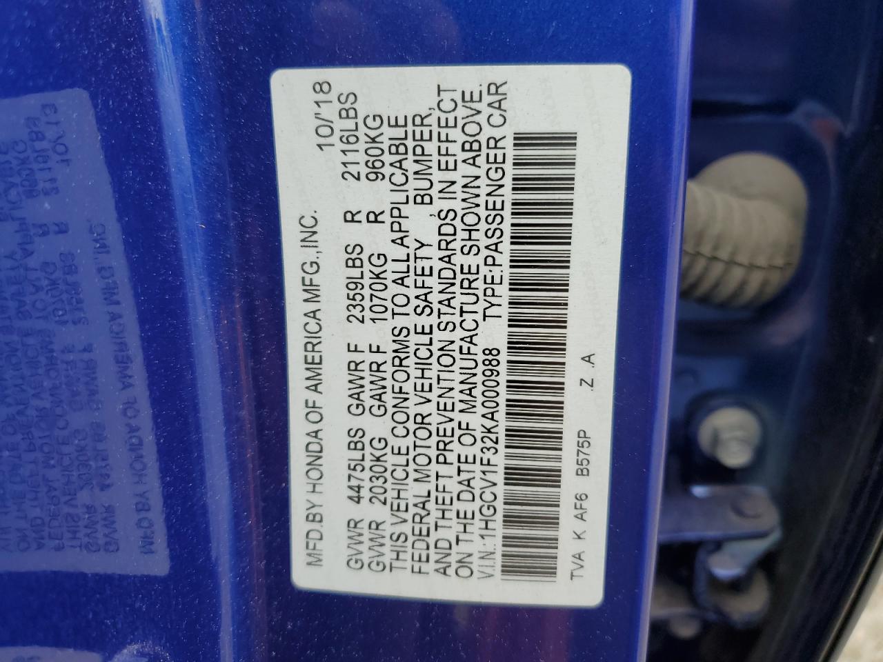 1HGCV1F32KA000988 2019 Honda Accord Sport