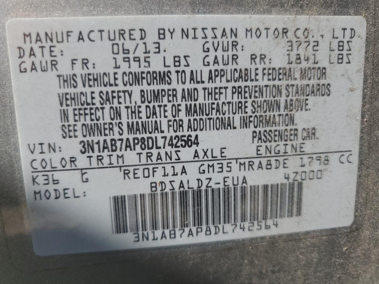 3N1AB7AP8DL742564 2013 Nissan Sentra S