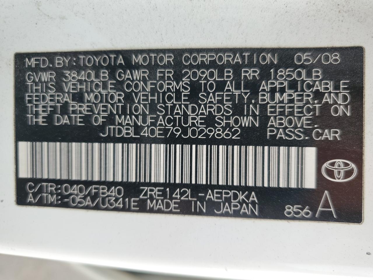 2009 Toyota Corolla Base VIN: JTDBL40E79J029862 Lot: 72190624