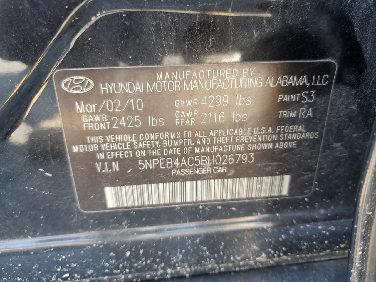 2011 Hyundai Sonata Gls VIN: 5NPEB4AC5BH026793 Lot: 70527854