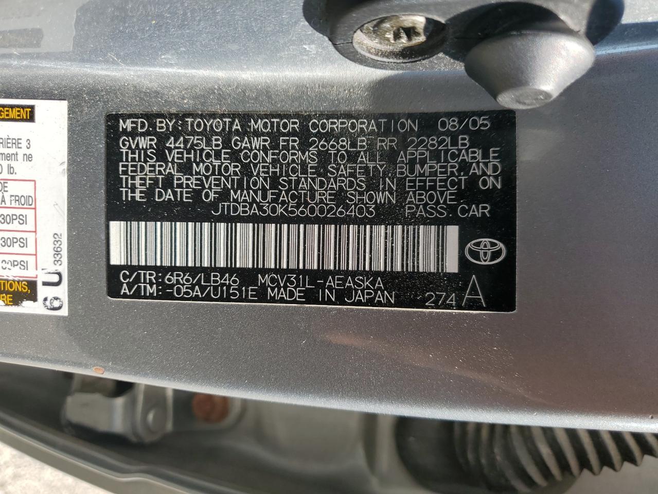 JTDBA30K560026403 2006 Toyota Camry Se