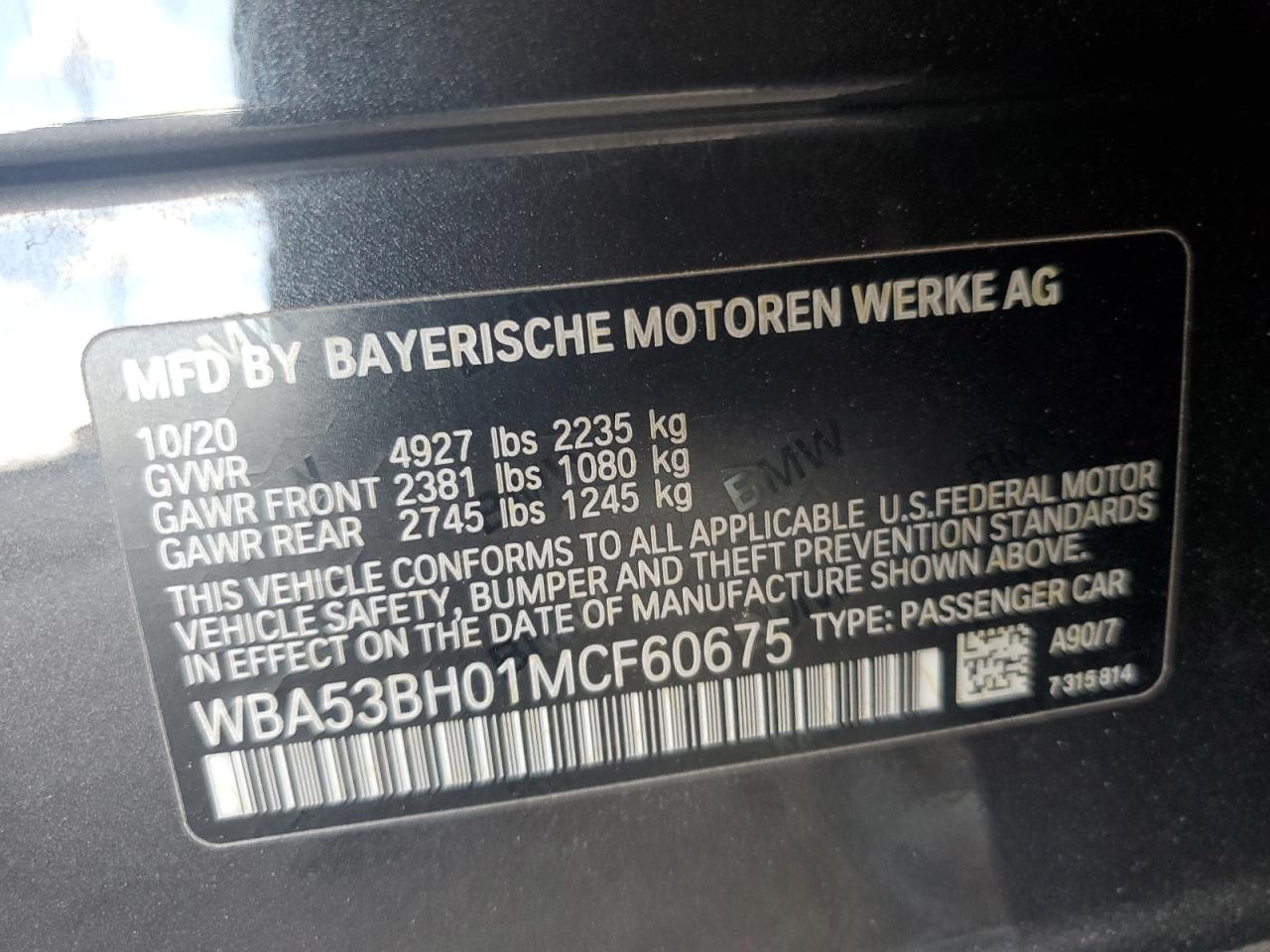 2021 BMW 530 I VIN: WBA53BH01MCF60675 Lot: 72357924