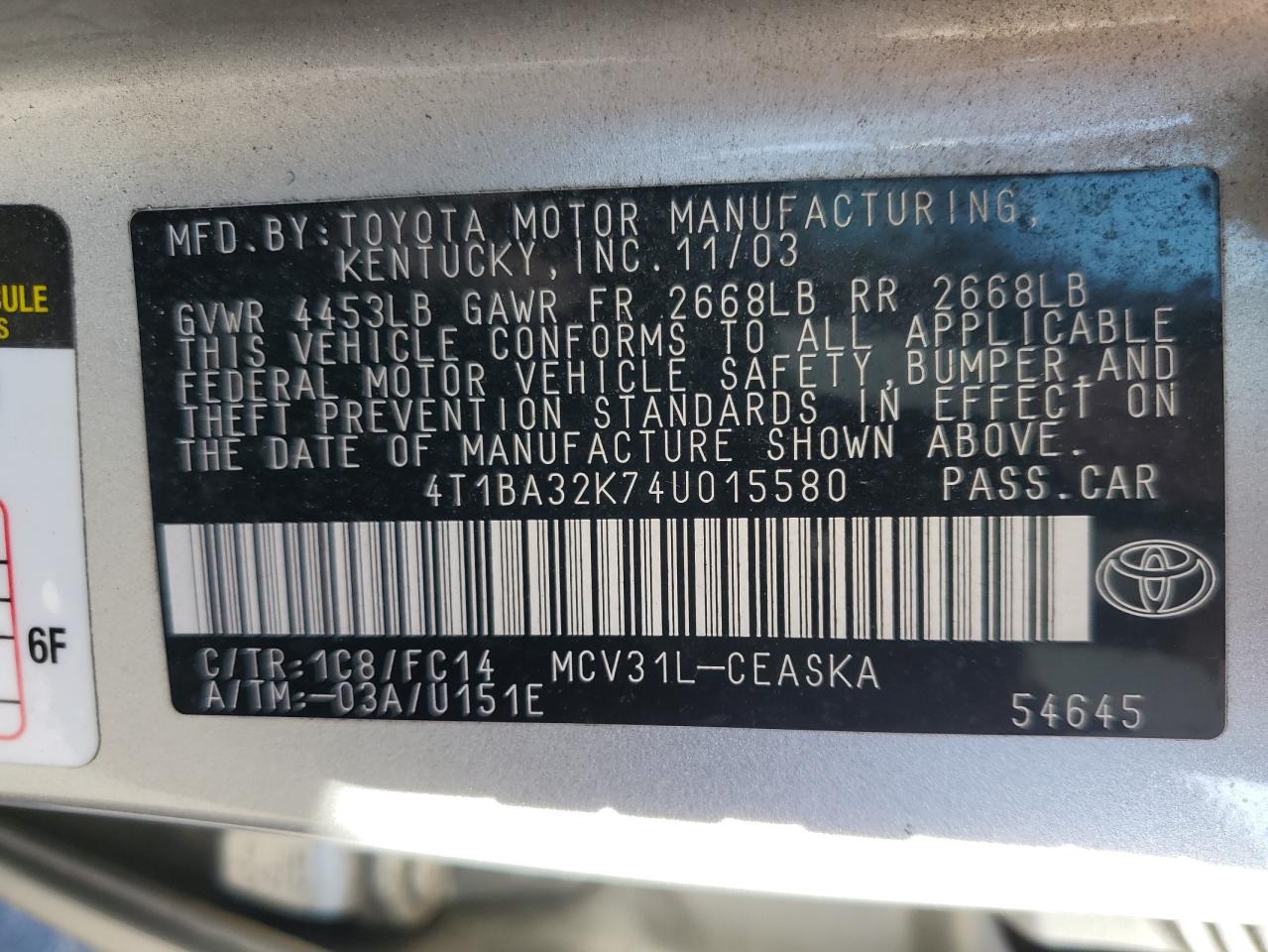 4T1BA32K74U015580 2004 Toyota Camry Se