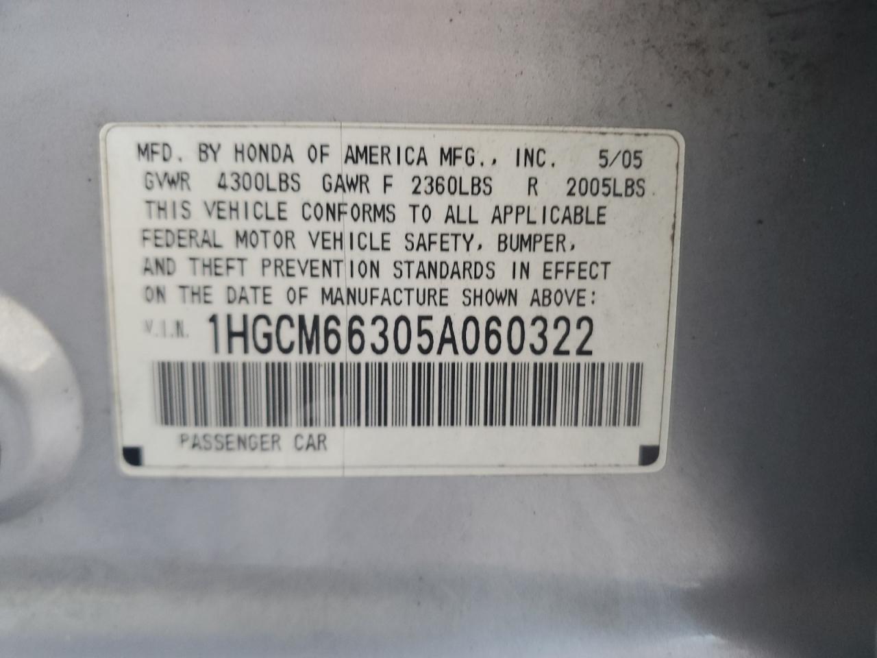 2005 Honda Accord Lx VIN: 1HGCM66305A060322 Lot: 60170485