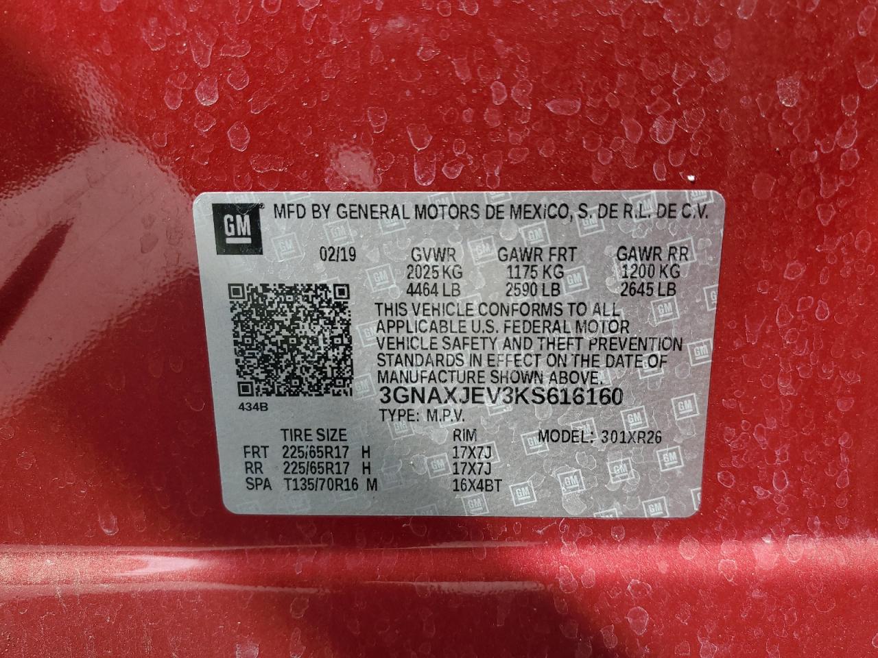 3GNAXJEV3KS616160 2019 Chevrolet Equinox Lt