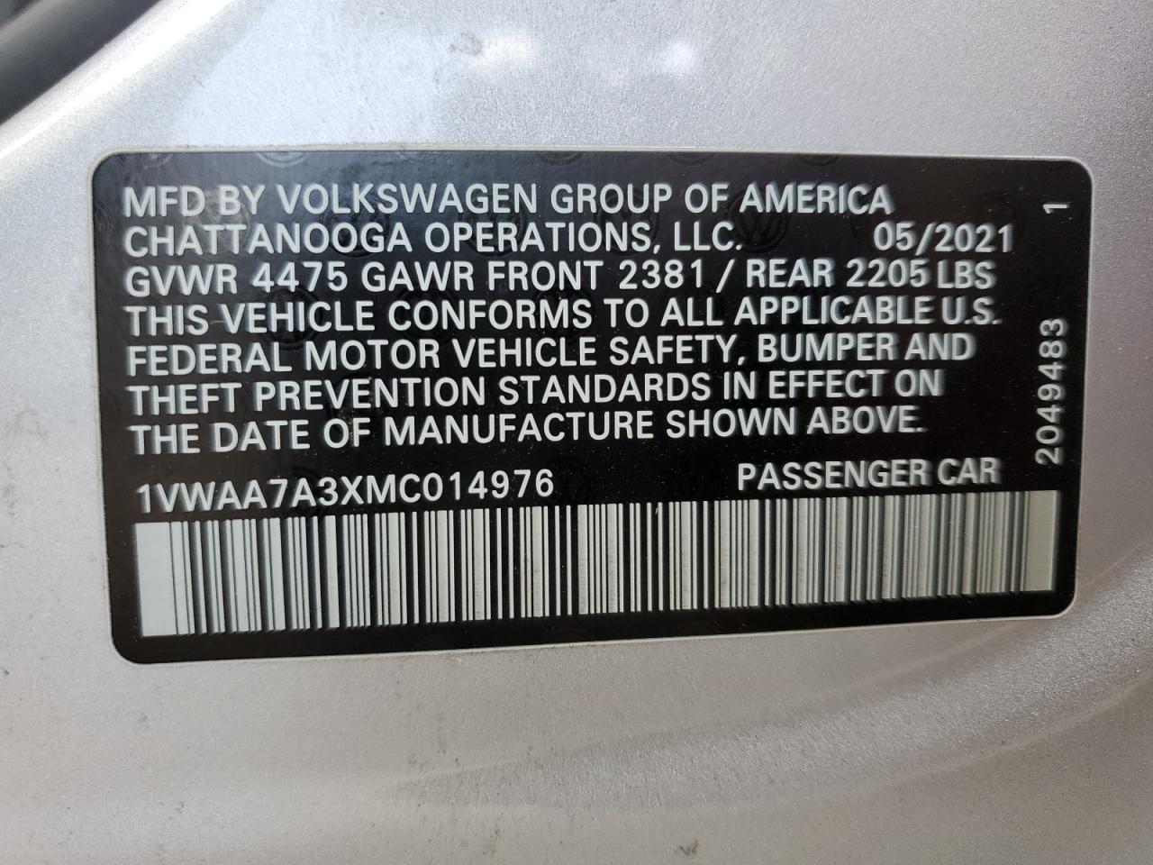 1VWAA7A3XMC014976 2021 Volkswagen Passat S