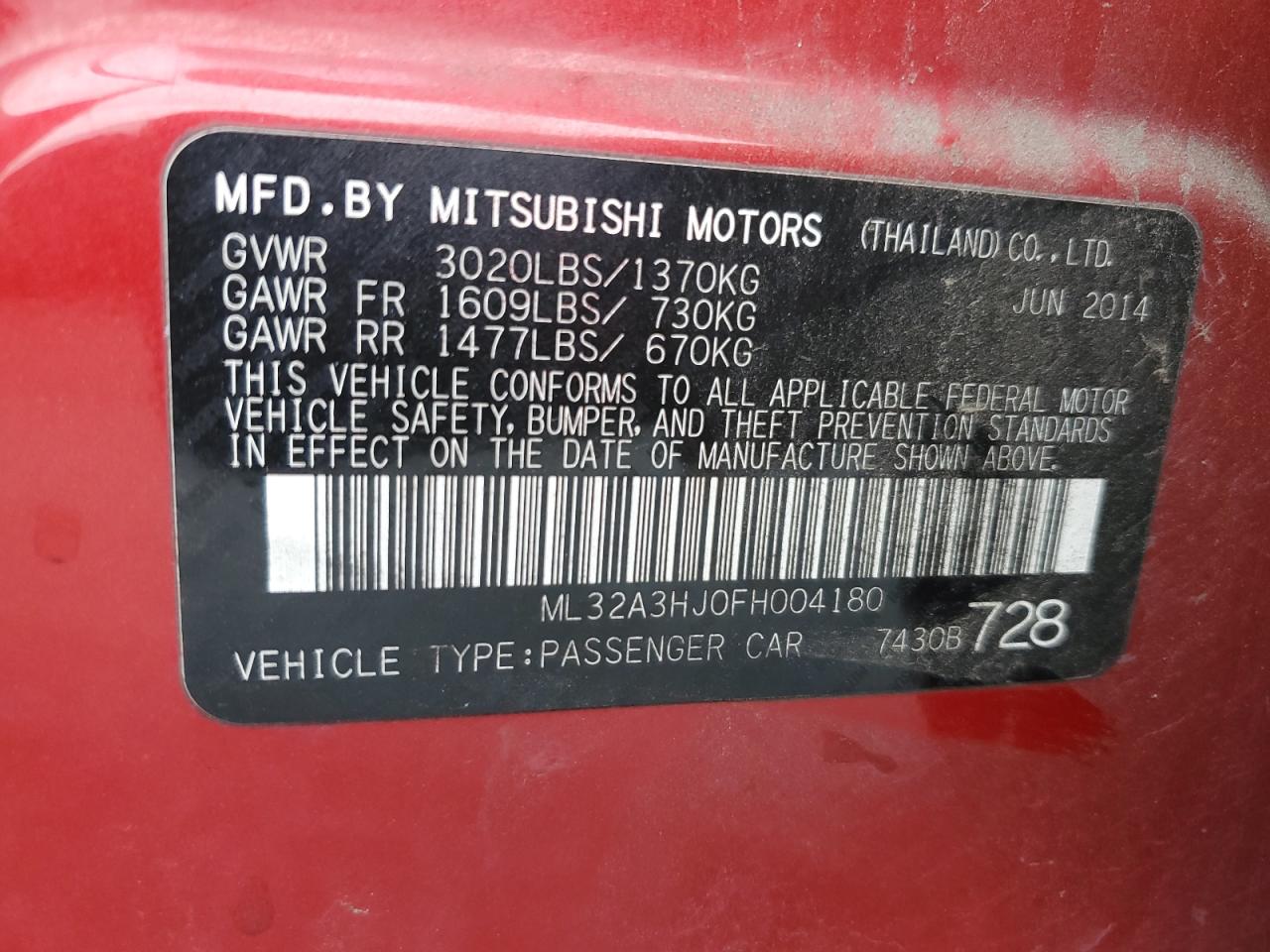 ML32A3HJ0FH004180 2015 Mitsubishi Mirage De