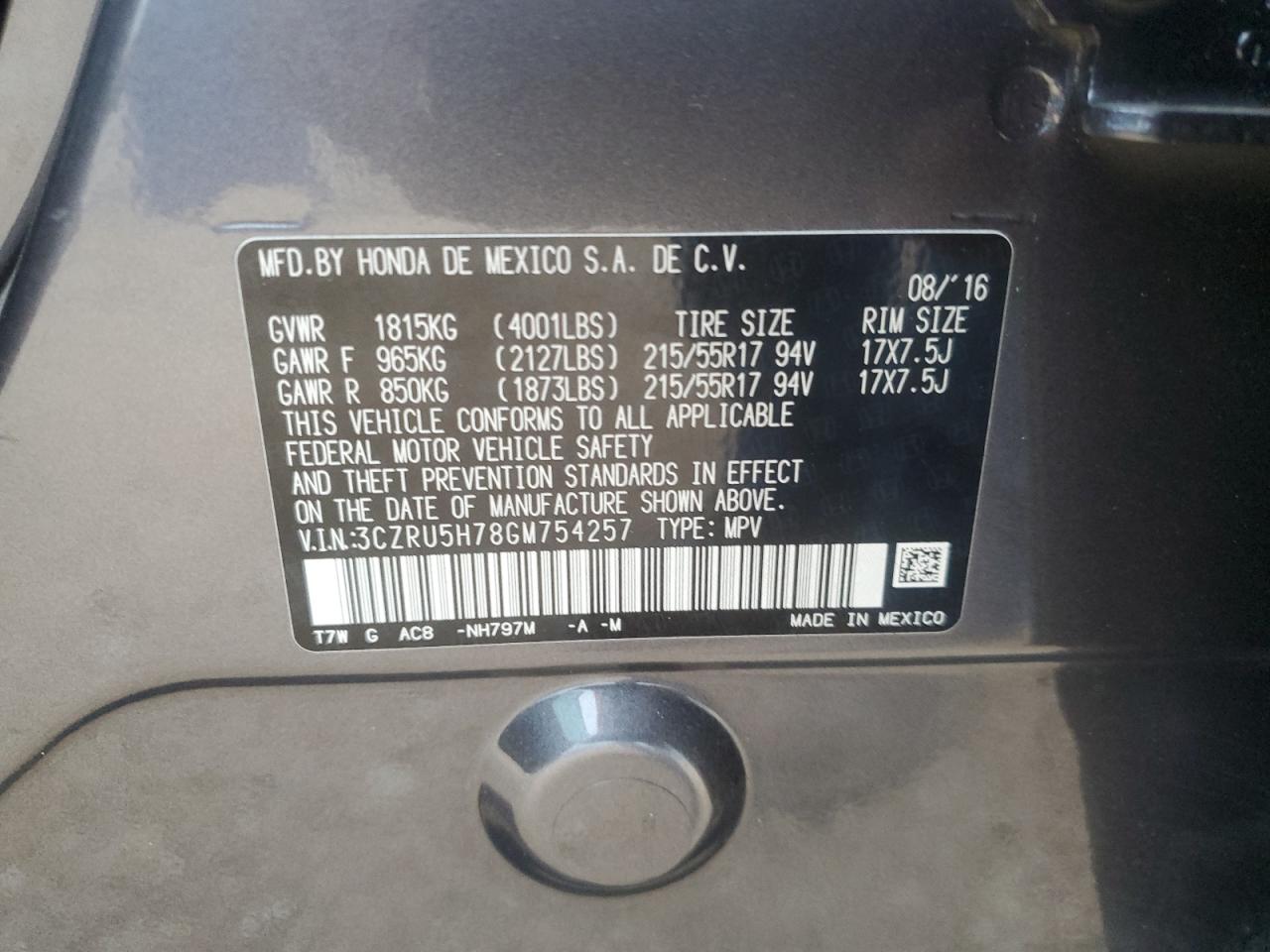 2016 Honda Hr-V Exl VIN: 3CZRU5H78GM754257 Lot: 69404024