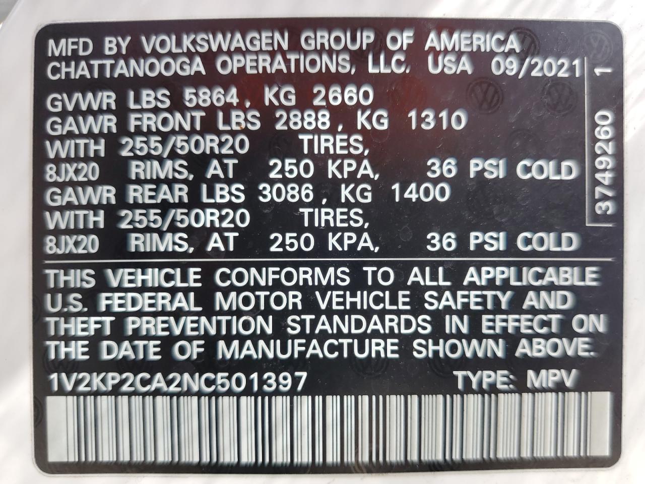 2022 Volkswagen Atlas Se VIN: 1V2KP2CA2NC501397 Lot: 71931794