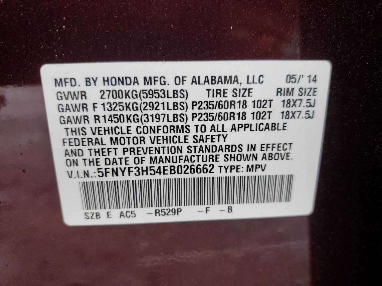 5FNYF3H54EB026662 2014 Honda Pilot Exl