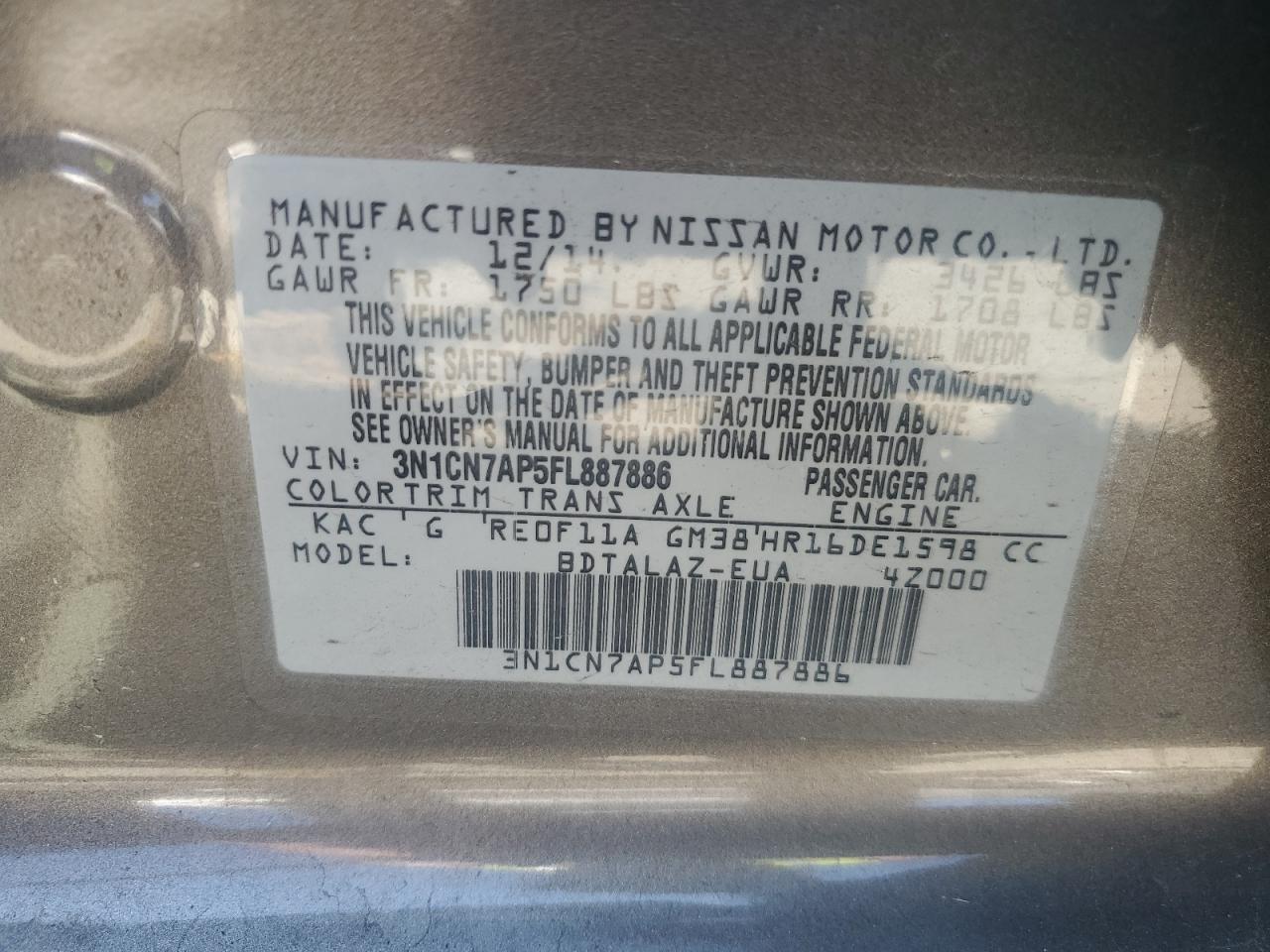 2015 Nissan Versa S VIN: 3N1CN7AP5FL887886 Lot: 69678444