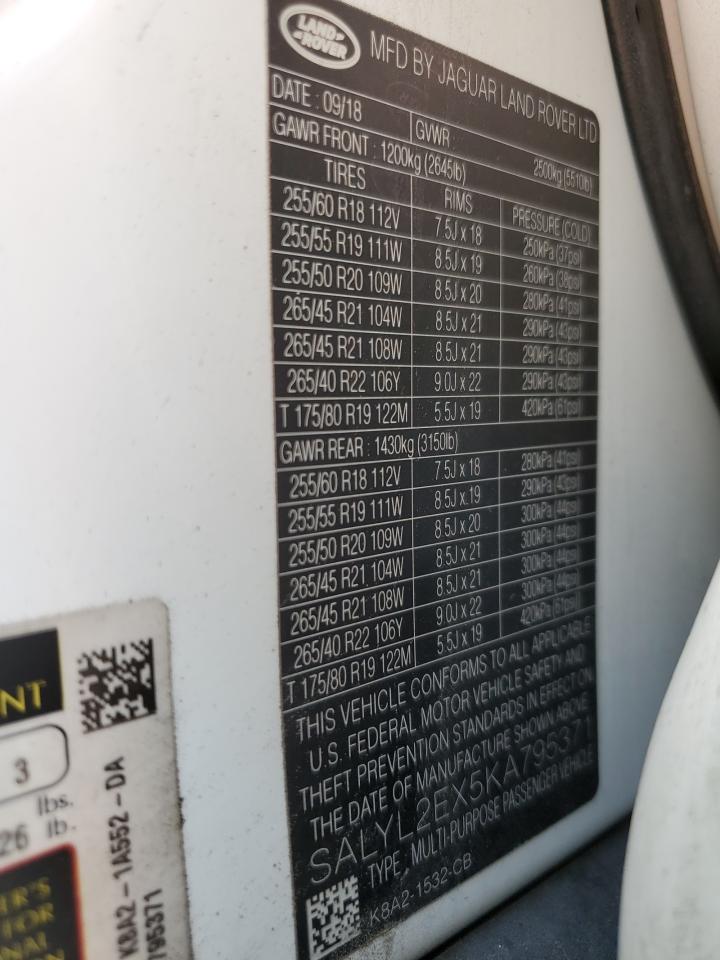 2019 Land Rover Range Rover Velar R-Dynamic Se VIN: SALYL2EX5KA795371 Lot: 70677394