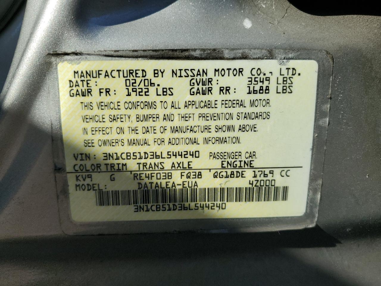 3N1CB51D36L544240 2006 Nissan Sentra 1.8