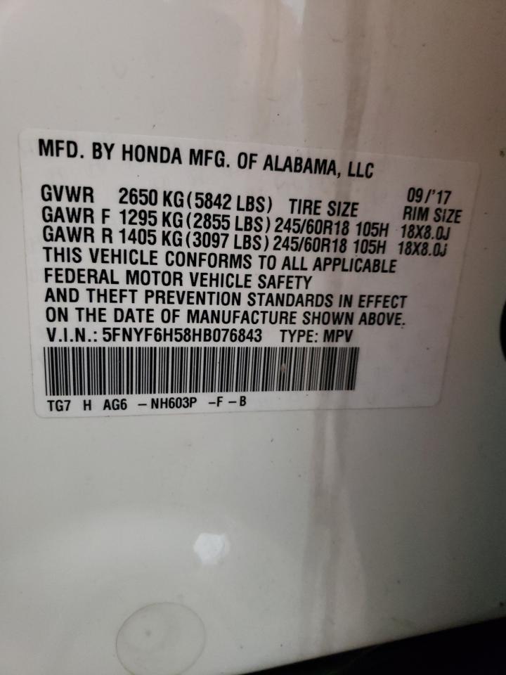 2017 Honda Pilot Exl VIN: 5FNYF6H58HB076843 Lot: 71817554