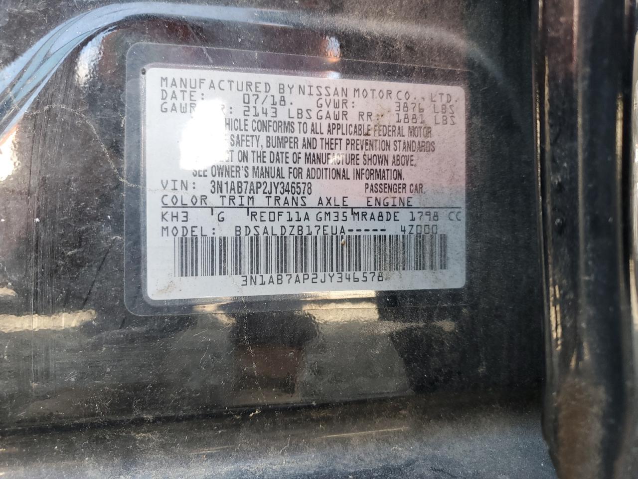 3N1AB7AP2JY346578 2018 Nissan Sentra S