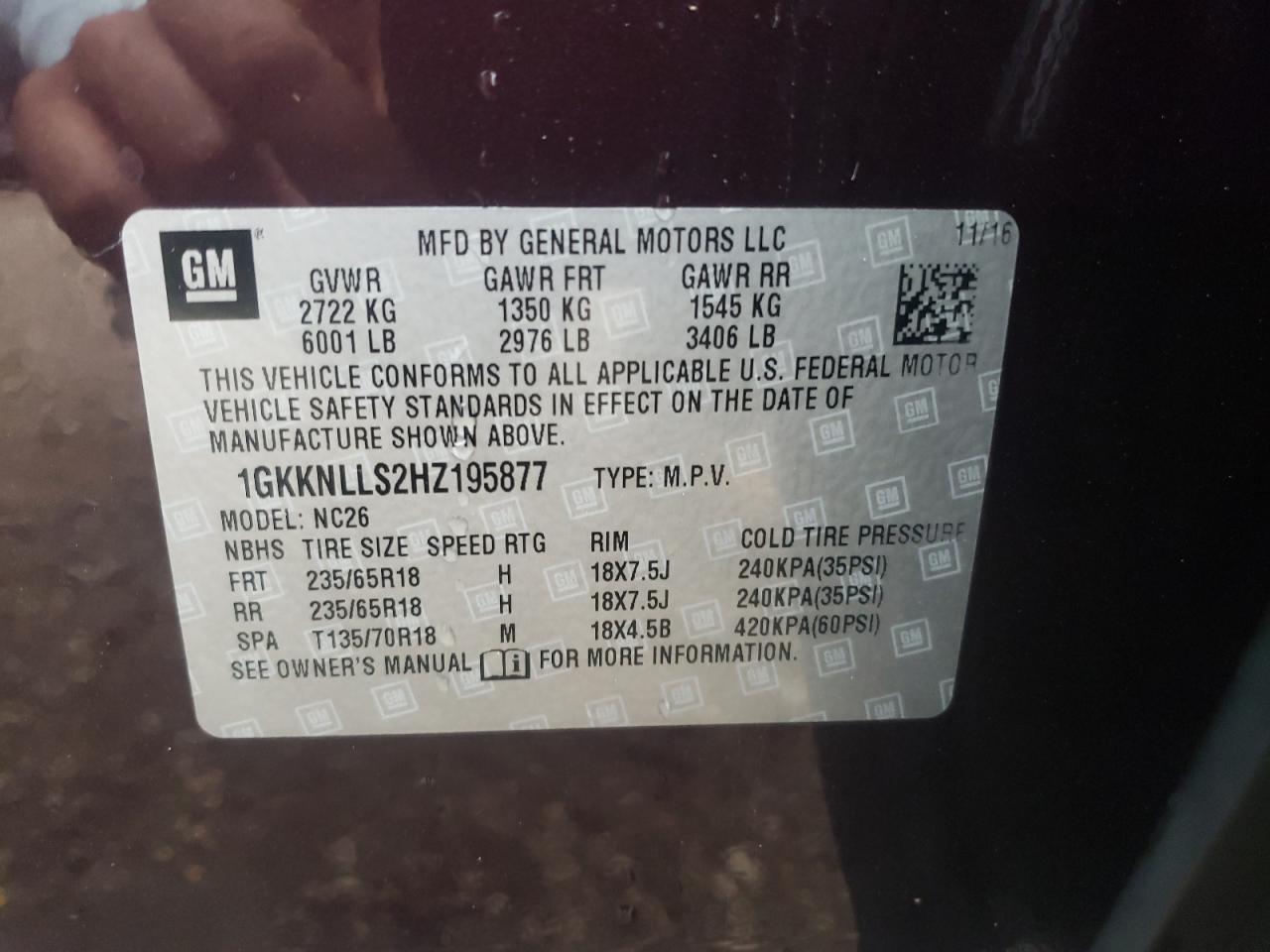 1GKKNLLS2HZ195877 2017 GMC Acadia Sle