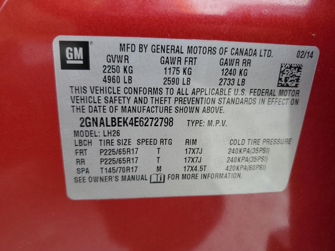 2GNALBEK4E6272798 2014 Chevrolet Equinox Lt