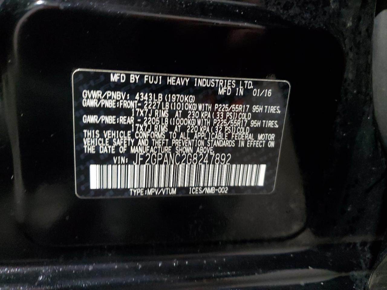 JF2GPANC2G8247892 2016 Subaru Crosstrek Limited