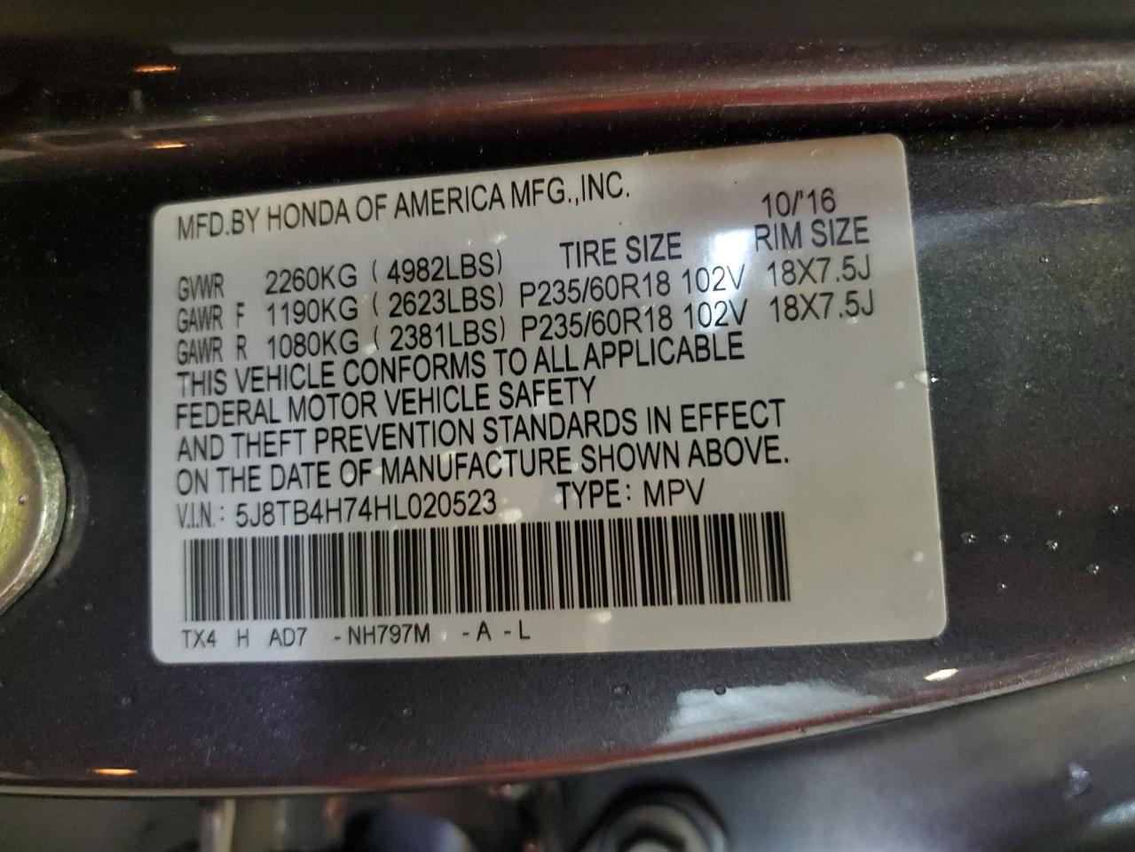 5J8TB4H74HL020523 2017 Acura Rdx Advance