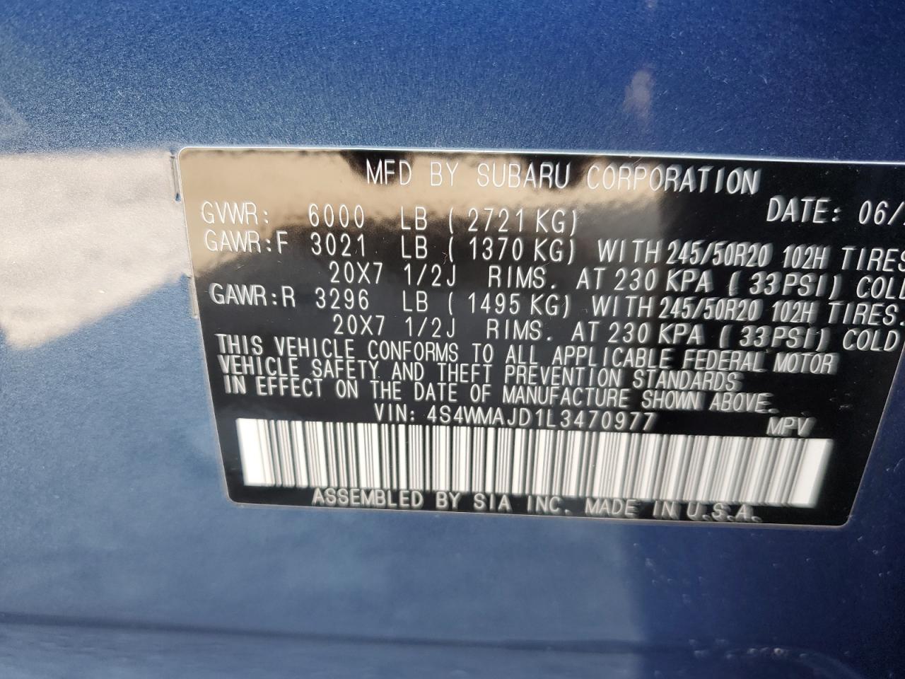 4S4WMAJD1L3470977 2020 Subaru Ascent Limited