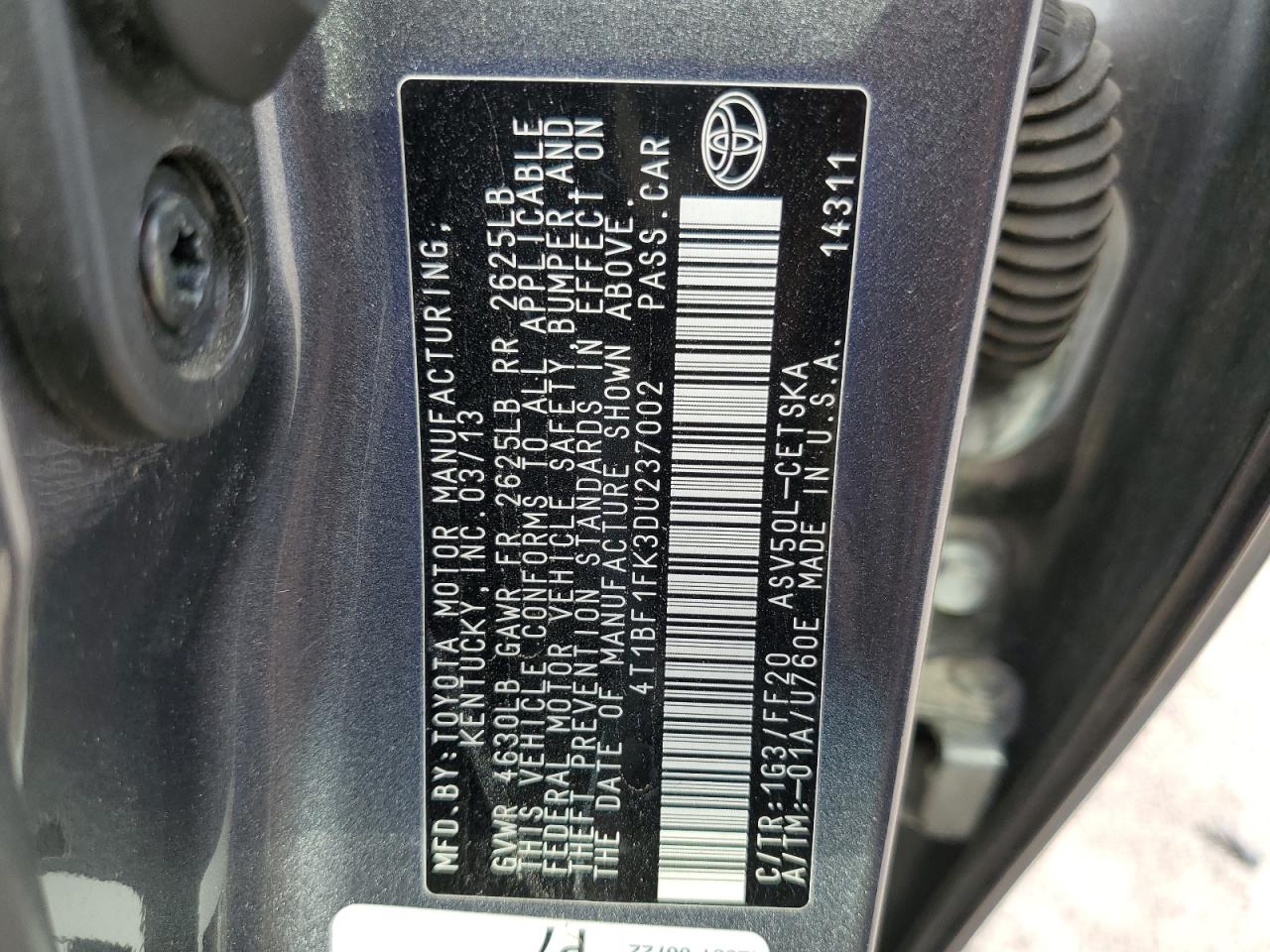 VIN 4T1BF1FK3DU237002 2013 TOYOTA CAMRY no.13