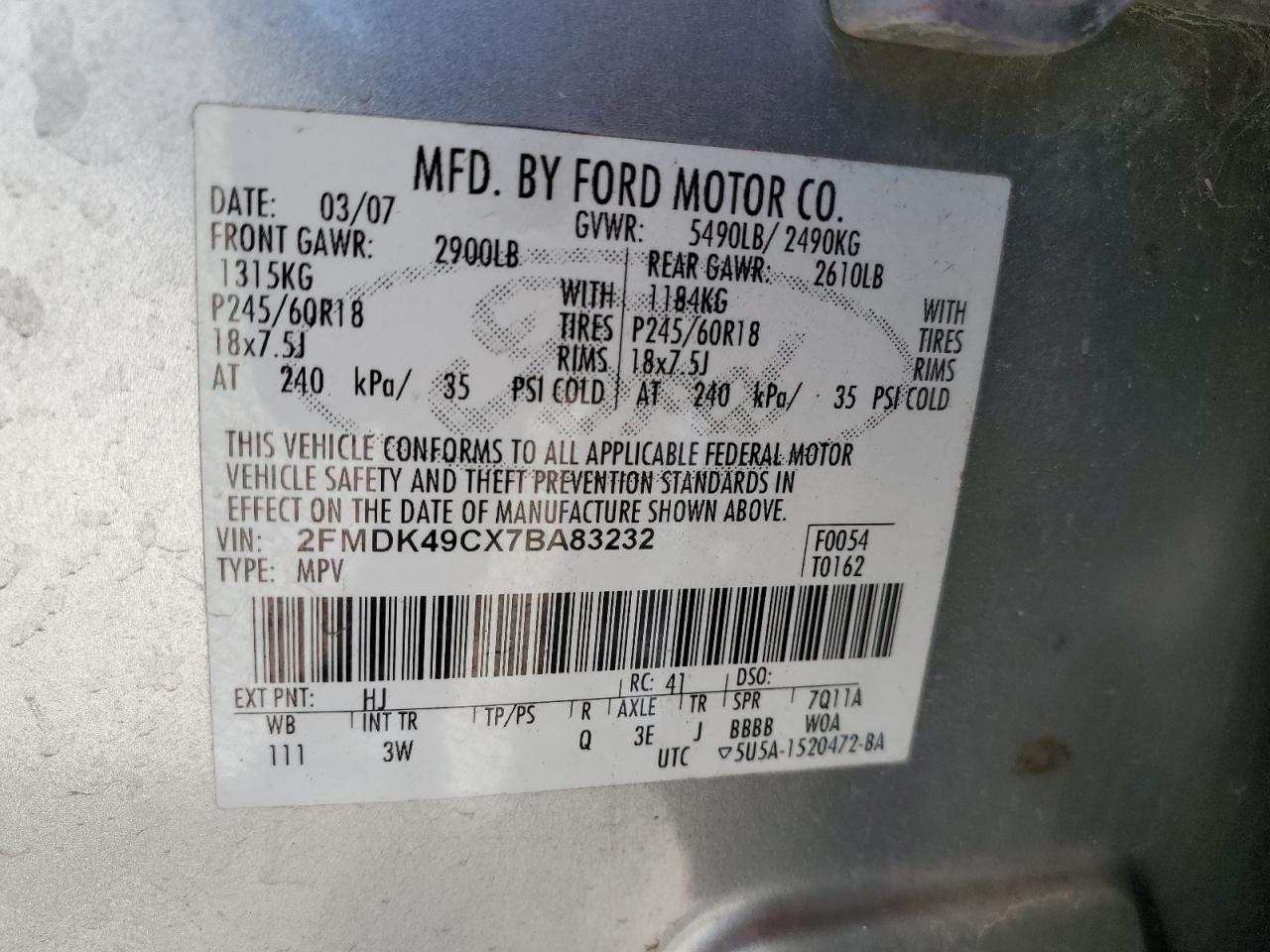 2FMDK49CX7BA83232 2007 Ford Edge Sel Plus