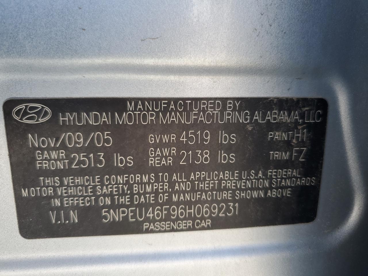 5NPEU46F96H069231 2006 Hyundai Sonata Gls