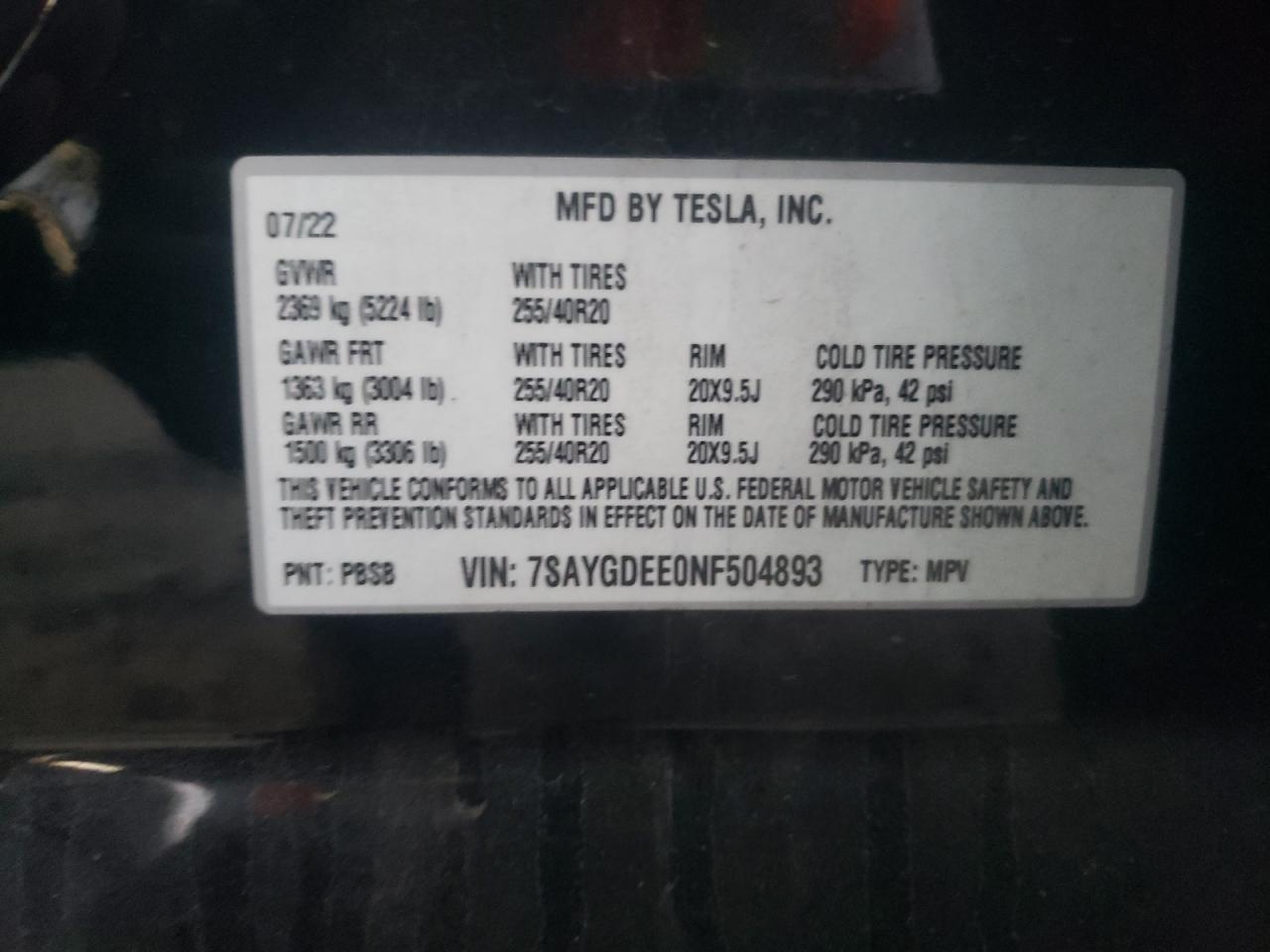 7SAYGDEE0NF504893 2022 Tesla Model Y