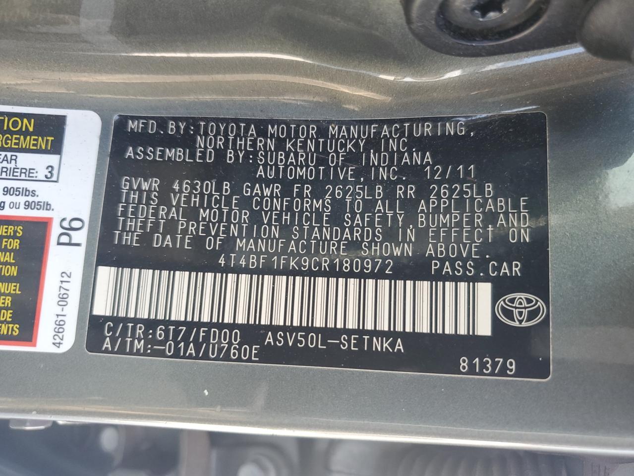 4T4BF1FK9CR180972 2012 Toyota Camry Base