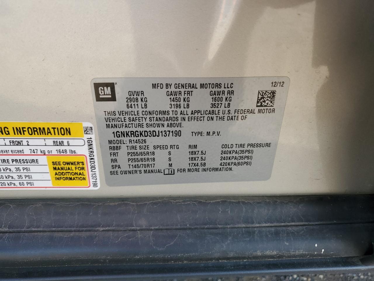 2013 Chevrolet Traverse Lt VIN: 1GNKRGKD3DJ137190 Lot: 71214794