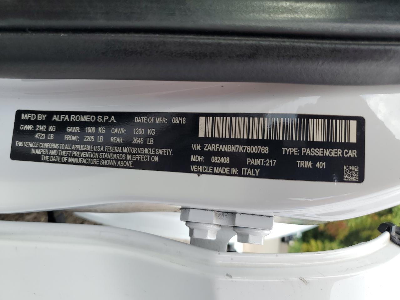 2019 Alfa Romeo Giulia Ti VIN: ZARFANBN7K7600768 Lot: 73277804