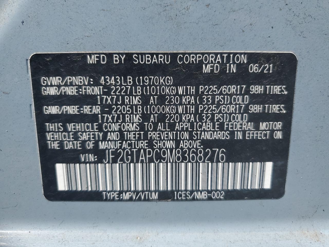 JF2GTAPC9M8368276 2021 Subaru Crosstrek Premium