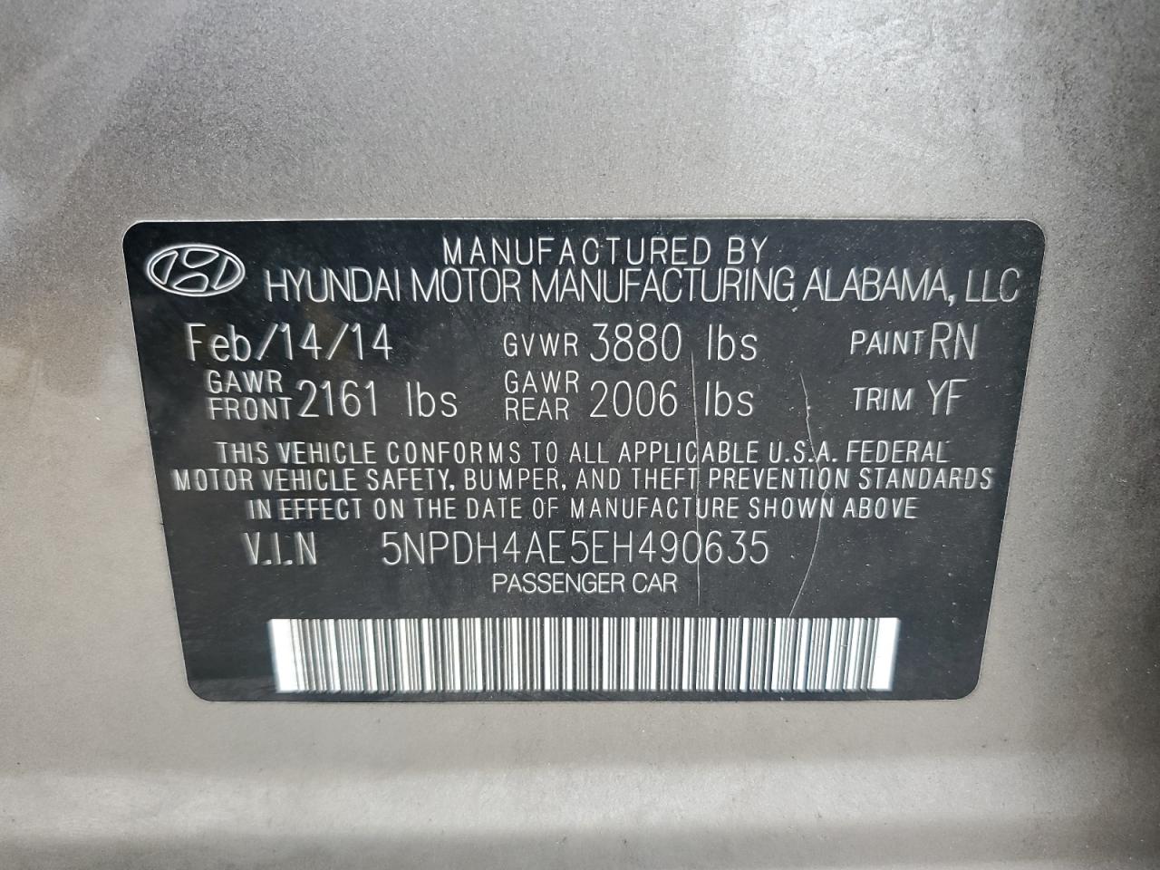 2014 Hyundai Elantra Se VIN: 5NPDH4AE5EH490635 Lot: 71612624