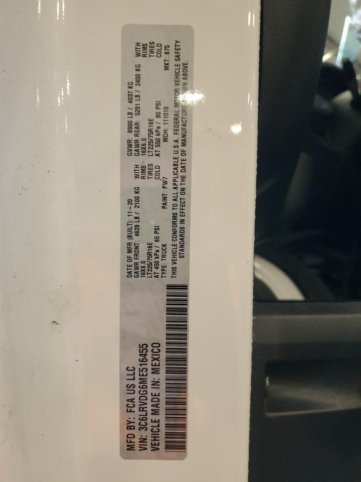 2021 Ram Promaster 2500 2500 High VIN: 3C6LRVDG6ME516455 Lot: 71007324